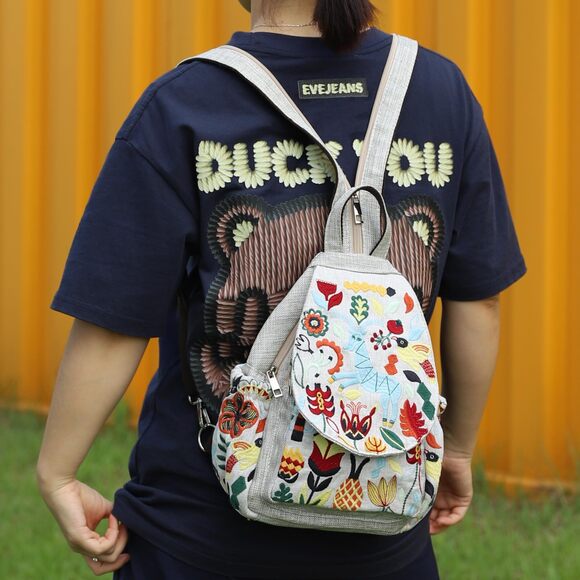 4462 Vintage Embroidered Floral Ethnic Backpack Handbag Shoulder Bag Mini main image 6